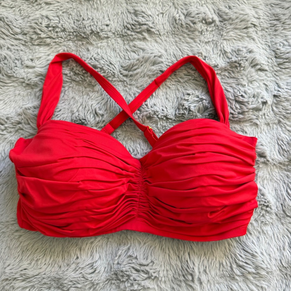 Bleu Rod Beattie Red Ruched Underwire Bikini Top 36DD Cross Back Swimwear - Picture 1 of 6